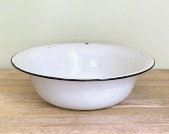 Vintage Enamel Wash Basin, White With Black Trim Enamel Farm Basin