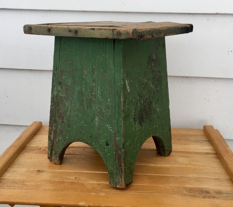 Primitive Green Wood Stool Vintage Barn Stool Cabin Decor Etsy