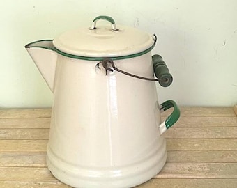 Large Enamel Coffee Pot, Vintage Camping Coffee Pot, Cream With Green Trim Enamelware