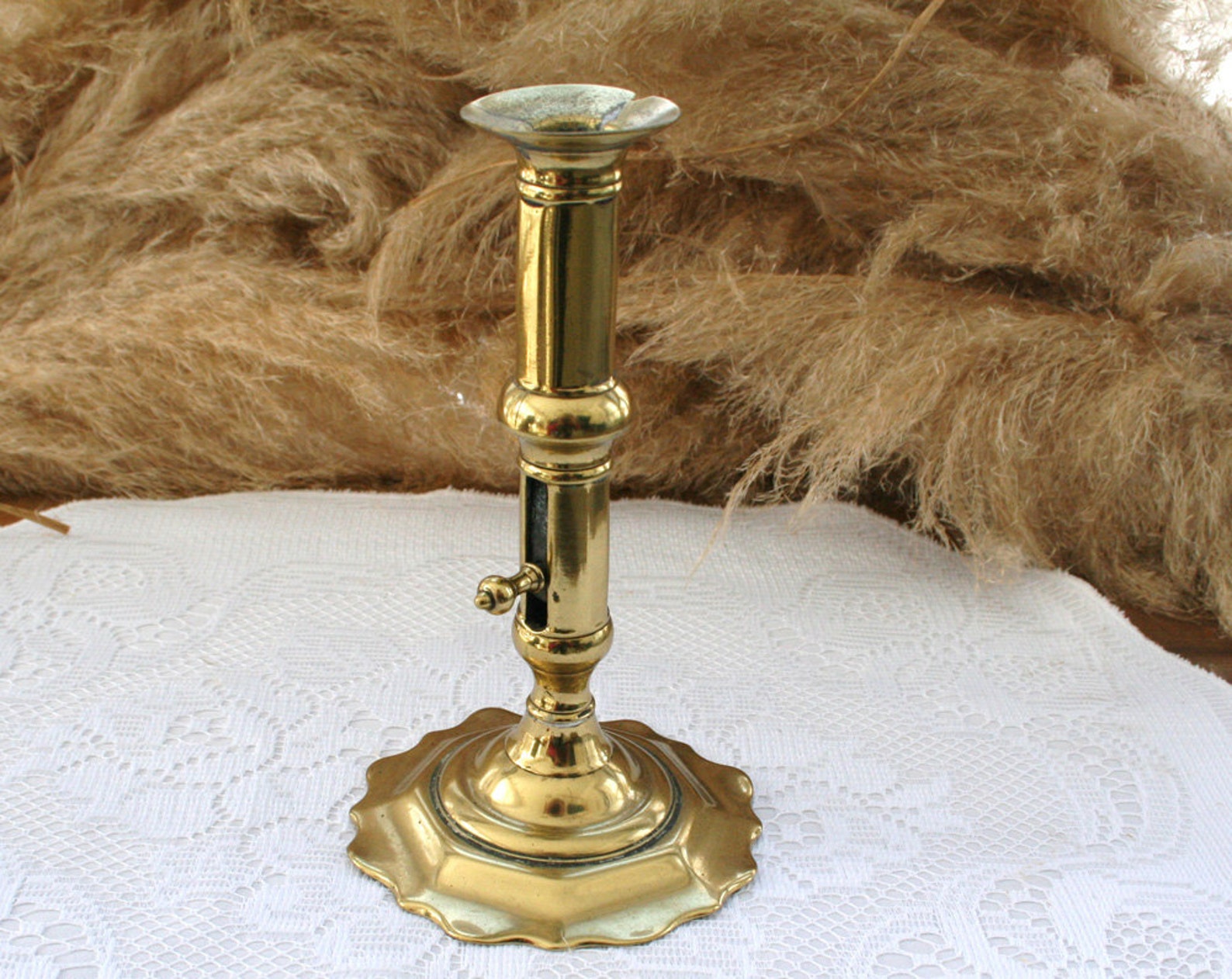 Antique Brass Queen Anne Candlestick 18th Century Push Up Etsy
