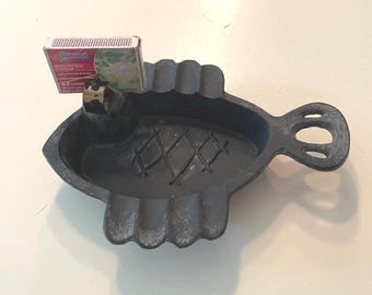 Fish Shaped Cast Iron Ashtray With Matchbox Holder, Vintage Tobacciana