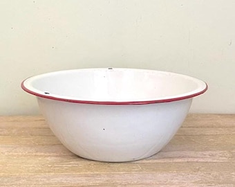 Vintage Enamel Wash Basin, White With Red Trim Farm Basin