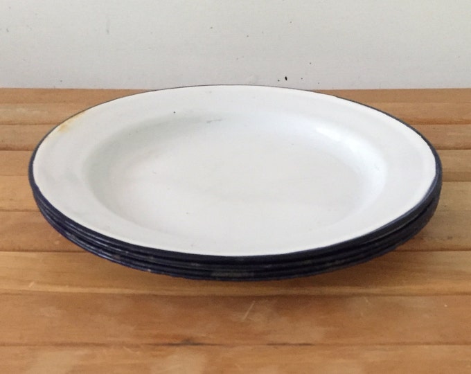 Set of Four Matching Enamel Plates, Vintage White With Blue Trim