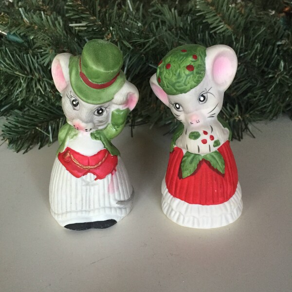 Vintage Pair Mice Critter Bells, Jasco Christmas Bells