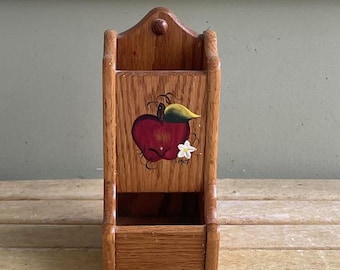 Vintage Wood Kitchen Matchbox Holder With Painted Apple