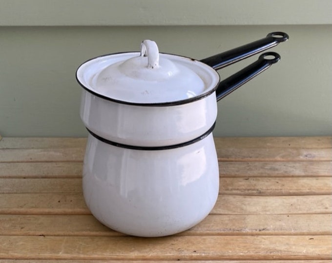 Vintage White Enamel Double Boiler Etsy