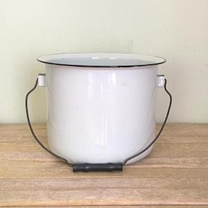 May include: A white enamel bucket with a smooth finish and a black rim. The bucket features a dark metal wire handle with a black cylindrical grip attached to the sides, allowing for easy carrying and movement of the container as needed.