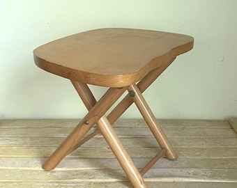 Nevco Fold N Carry Stool, Made In Yugoslavia, Vintage Folding Wood Stool