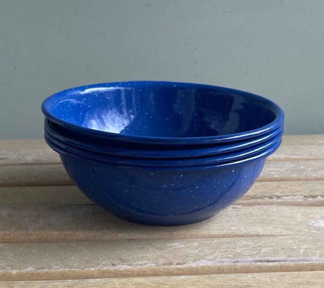 Set Four Matching Blue Speckled Enamel Cereal Bowls Etsy