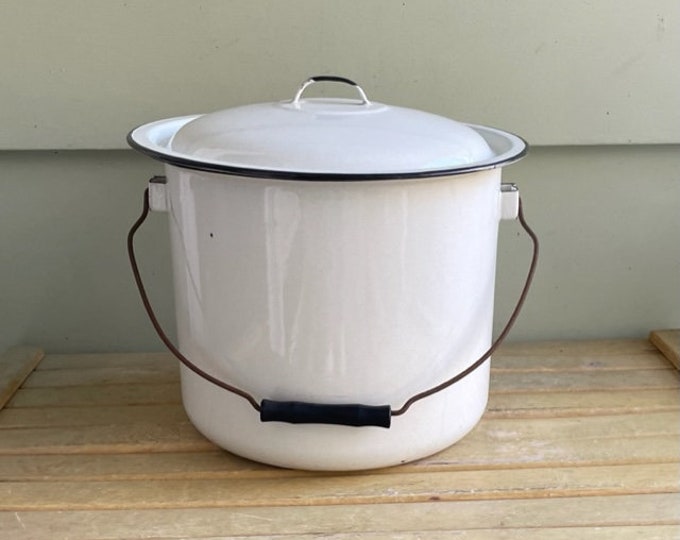 Vintage Enamel Bucket With Lid, White With Black Trim Enamel Chamber