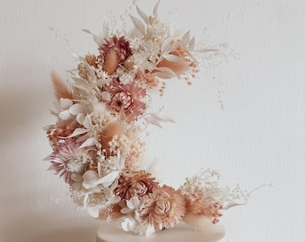 Pink Crescent Moon Dried Flower Boho Wedding Cake Topper