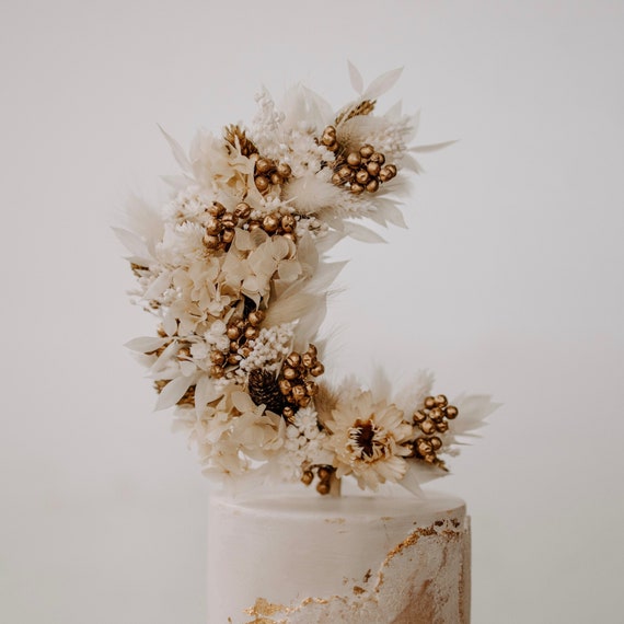 Gold Crescent Moon Dried Flower Boho Wedding Cake Topper