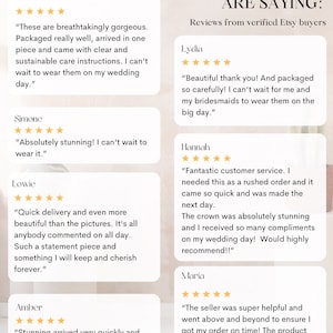 Op de afbeelding: Screenshots van klantbeoordelingen voor een product dat op Etsy wordt verkocht. De beoordelingen zijn positief en benadrukken de kwaliteit, schoonheid en snelle levering van het product. De beoordelingen bevatten opmerkingen zoals "adembenemend mooi", "absoluut verbluffend" en "snelle levering".