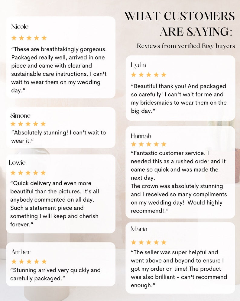 Op de afbeelding: Screenshots van klantbeoordelingen voor een product dat op Etsy wordt verkocht. De beoordelingen zijn positief en benadrukken de kwaliteit, schoonheid en snelle levering van het product. De beoordelingen bevatten opmerkingen zoals "adembenemend mooi", "absoluut verbluffend" en "snelle levering".