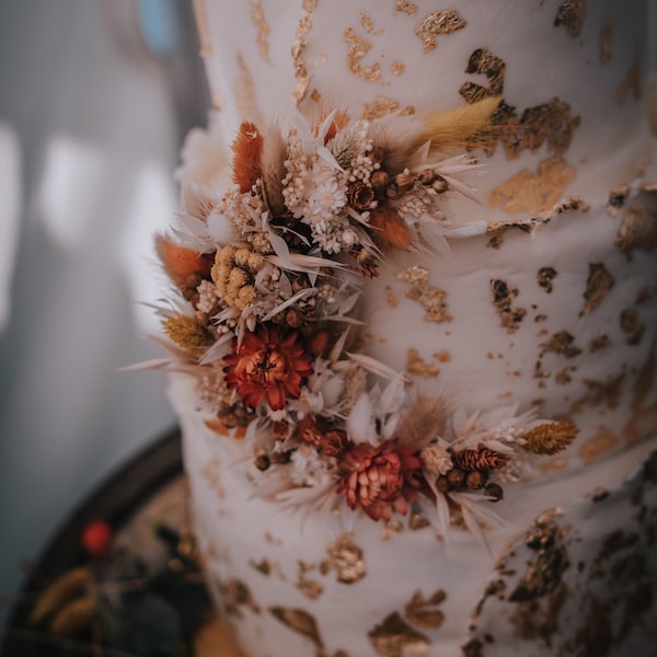 Autumnal Crescent Moon Dried Flower Boho Wedding Cake Topper