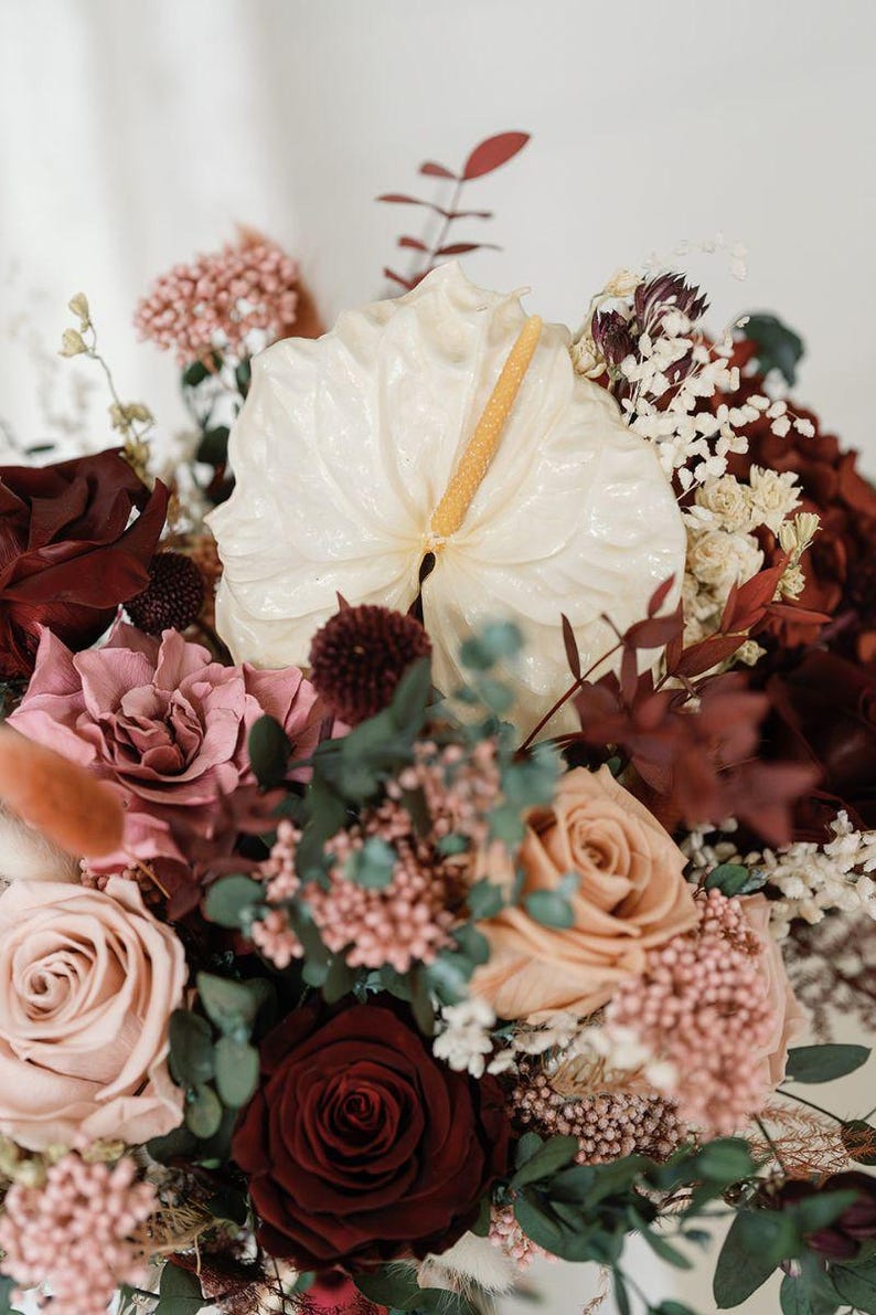 Scarlett Red Wine & Dusky Pink Bridal Bouquet | Autumn Bohemian ...