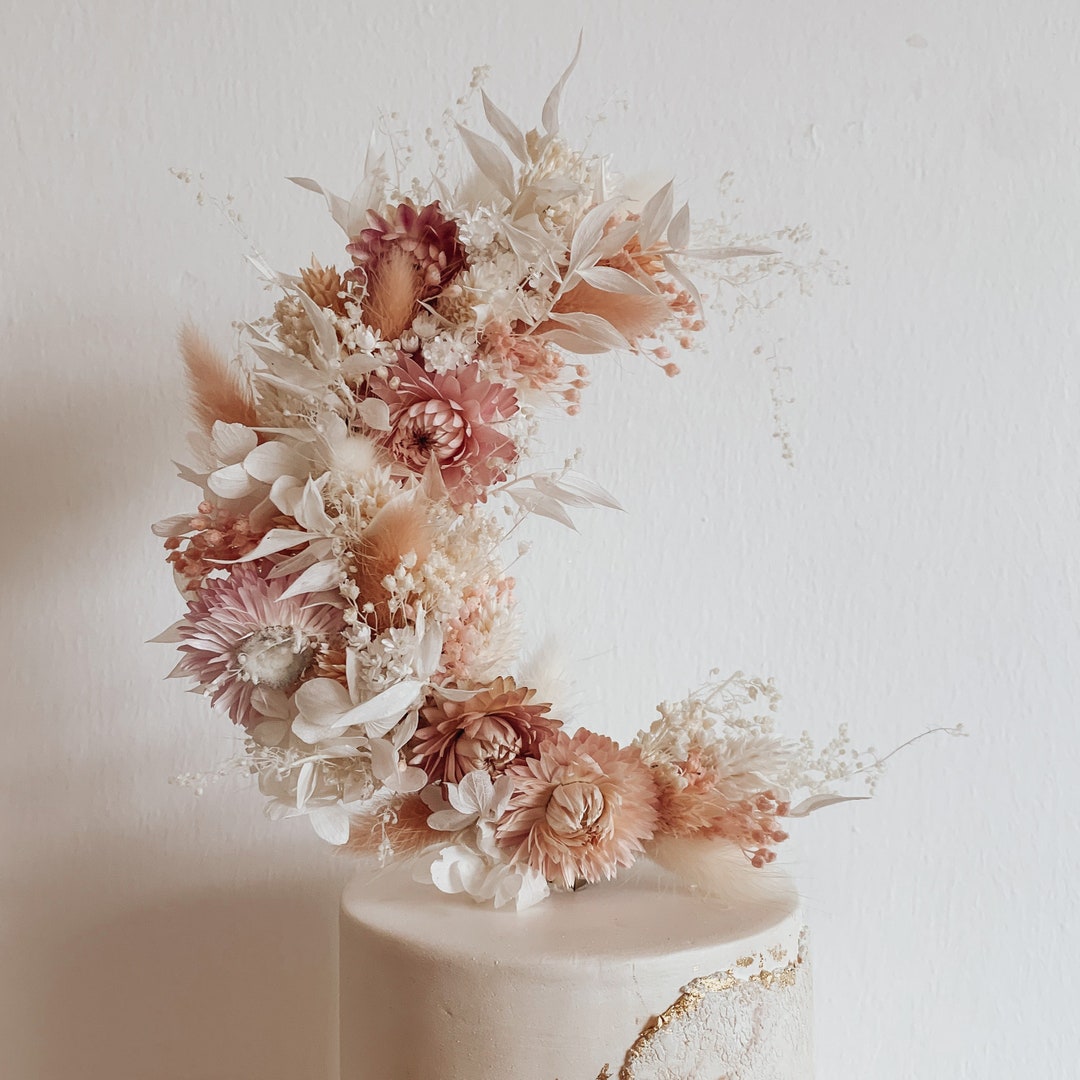 Pink Crescent Moon Dried Flower Boho Wedding Cake Topper - Etsy