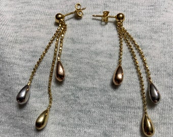 Solid Yellow Gold 14K Gold Dangle Three Chain Earrings Estate Jewelry from Charmhuntress X204