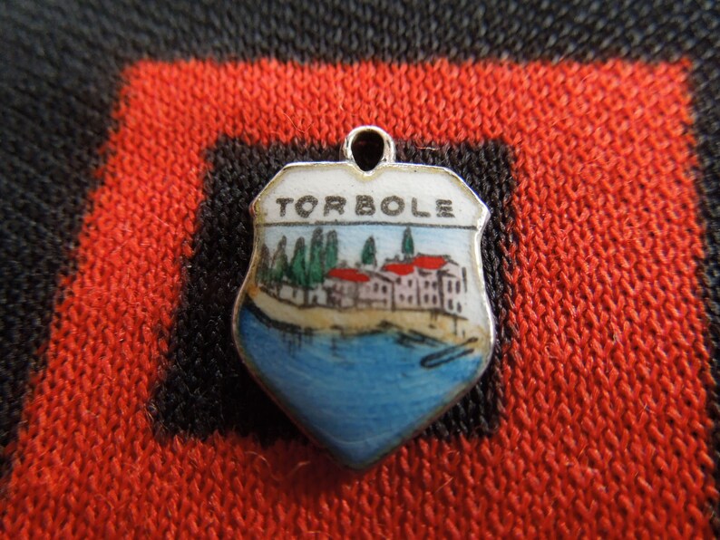 Silver Enamel Torbole Charm Italy Scenic Travel Shield Sterling Silver Charm for Bracelet from Charmhuntress 05345