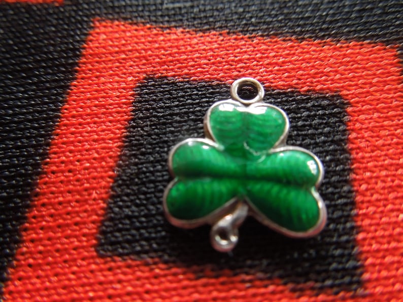 Puede incluir: Un amuleto de plata con forma de tr&eacute;bol verde.