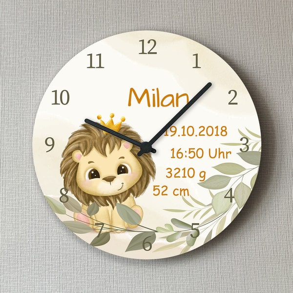 Kinder Wanduhr Löwe Baby Geburtsdaten Geburt Uhr 25 cm Babygeschenk Kinderzimmer Deko ohne Ticken