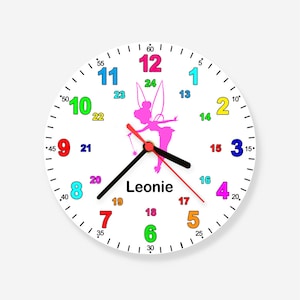 Personalisierte Lernuhr Fee Wanduhr bunt mit Namen Kinderwanduhr Geschenk Mädchen