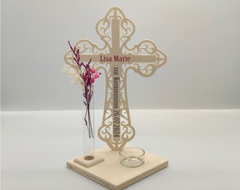 Personalisiertes Kreuz Geschenk zur Kommunion aus Holz Teelicht Kerzenhalter Vase