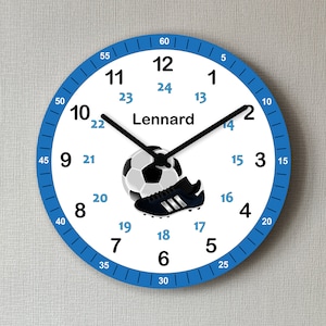 Kinder Wanduhr ohne Ticken Fußball Lernuhr Blau mit Wunsch Name Mädchen Junge Schule Kinderzimmer Uhr