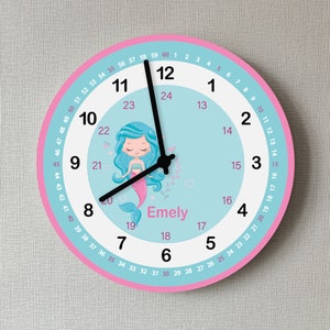 Kinderzimmer Uhr Meerjungfrau Lernuhr mit Namen personalisiert Wanduhr ohne Ticken