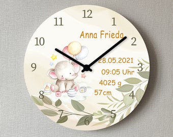 Kinder Wanduhr Elefant Baby Geburtsdaten Geburt Junge Mädchen Uhr 25 cm Babygeschenk ohne Ticken