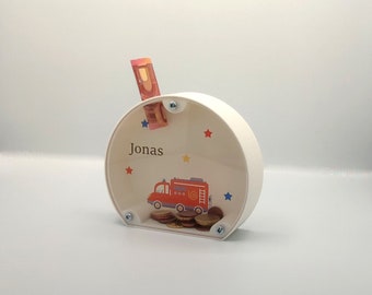 Spardose Feuerwehr personalisiert Geschenk mit Name Kinderzimmer Sparschwein Auto Kinder