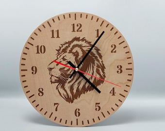 Holz Wanduhr Löwe 30 cm Katze Büro Uhr Küchenuhr Uhrwerk lautlos