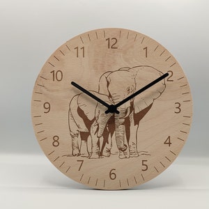 Holzwanduhr Elefanten Wanduhr Holz Gravur 25 cm Uhrwerk lautlos