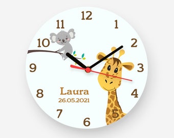 Kinder Wanduhr Tiere Giraffe Koala Uhr mit Name