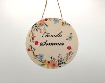 Türschild Familie Familienschild Holz Haustürschild Blumen Mohn Schild mit Namen