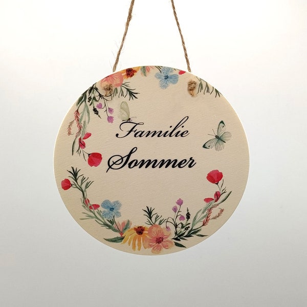 Türschild Familie Familienschild Holz Haustürschild Blumen Mohn Schild mit Namen