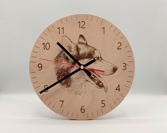 Wanduhr Husky Gravur Holz Wohnzimmer Uhr lautlos Holzuhr graviert