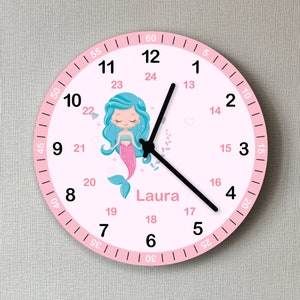 Kinder Wanduhr ohne Ticken Meerjungfrau mit Namen Geschenk Mädchen personalisiert Rosa Kinderzimmer Uhr image 1