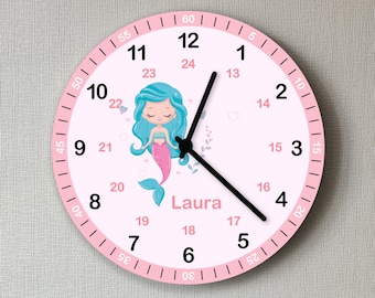 Kinder Wanduhr ohne Ticken Meerjungfrau mit Namen Geschenk Mädchen personalisiert Rosa Kinderzimmer Uhr