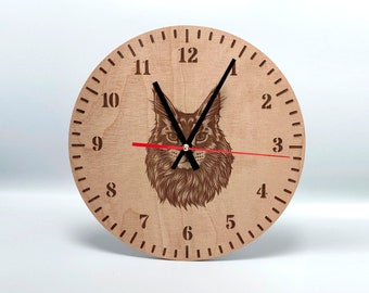 Große Holz Wanduhr 30 cm lautlos Katze Buche Wohnzimmeruhr