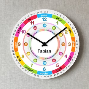 Könnte beinhalten: Eine bunte Uhr mit weißem Zifferblatt und schwarzen Zeigern. Das Zifferblatt der Uhr hat die Zahlen 1 bis 12 sowie die Wörter "eins", "zwei", "drei", "vier", "fünf", "sechs", "sieben", "acht", "neun", "zehn", "elf" und "zwölf" am äußeren Rand. Die Uhr hat auch einen kleineren Kreis in der Mitte mit den Worten "Fabian" und "1 Minute hat 60 Sekunden".