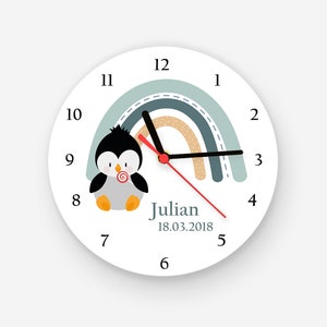 Kinderuhr Pinguin Regenbogen Jungen Kinderzimmer Wanduhr Babygeschenk Geburt personalisiert