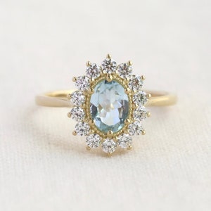 Rococo ring, wedding ring, oval ring, halo ring, engagement ring, aquamarine ring, gold ring, silver ring, solitaire ring, diamond ring