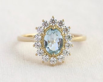 Rococo ring, wedding ring, oval ring, halo ring, engagement ring, aquamarine ring, gold ring, silver ring, solitaire ring, diamond ring