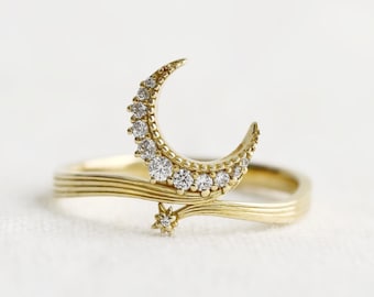 Moon dance ring, statement ring, crescent ring, moon jewelry, gold ring, diamond ring
