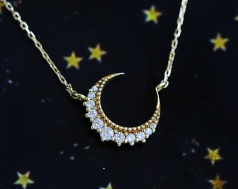 Moon dance necklace, statement necklace, victorian crescent necklace, moon pendant necklace, moon jewelry, diamond necklace, gold, silver