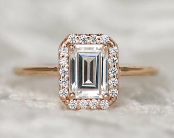 Emerald cut halo ring, Engagement ring, solitaire ring, emerald cut ring, bridal jewelry, proposal ring, gift for women, promise ring, gift