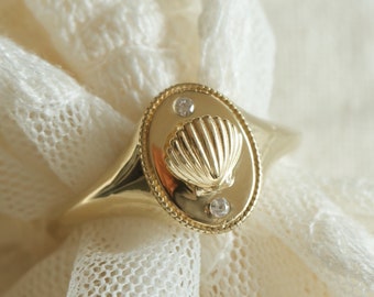 Venus signet ring, statement ring, pearl ring, moissanite ring, 14k solid gold, 18k solid gold