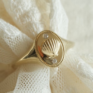 Venus signet ring, statement ring, pearl ring, moissanite ring, 14k solid gold, 18k solid gold