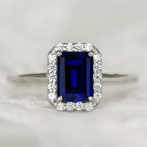 Blue emerald cut halo ring, Sapphire Engagement ring, solitaire ring, emerald cut ring, sapphire color ring, proposal ring, gift for women